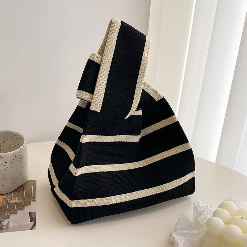 Women Handmade Knitted Small Handbag Casual Wrist Bag Wide Stripe Stripe Shopper Mini Tote Student Reusable Shoulder Bag