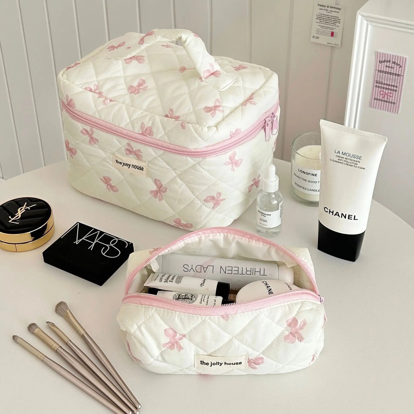 Korea Bow Print Women Makeup Bag Large Capacity Portable Cosmetic Case For Travel Toiletries Cosmetics Storage Bag