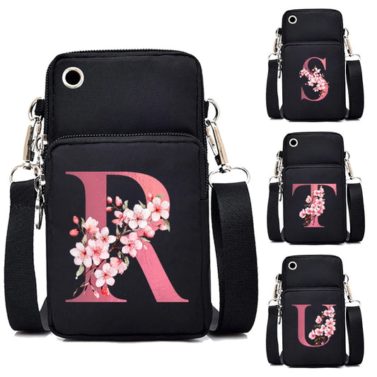 26 Sakura Floral Alphabet Shoulder Bag Women Mobile Phone Bag Mini Teen Messenger Purse Wallet Small CrossBody Bag Women Handbag