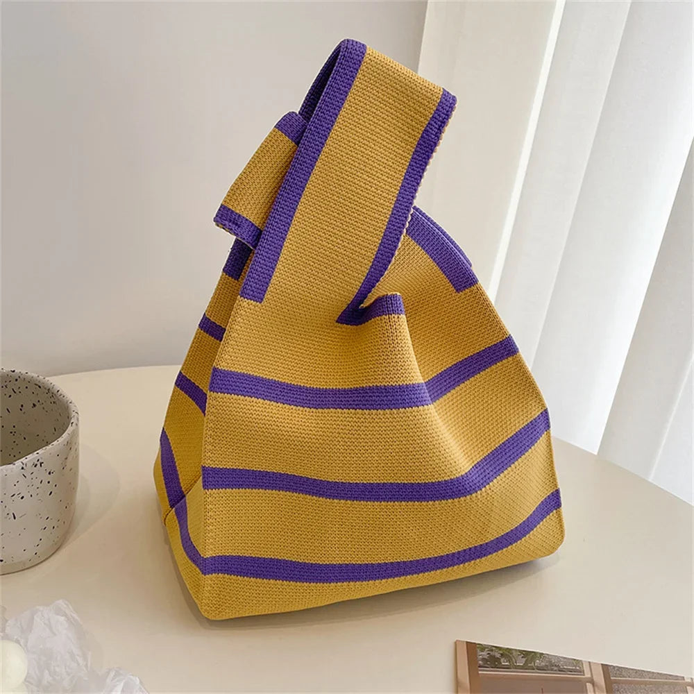 Women Handmade Knitted Small Handbag Casual Wrist Bag Wide Stripe Stripe Shopper Mini Tote Student Reusable Shoulder Bag