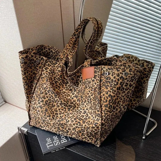 Leopard Pattern Tote Bag Vintage Canvas Shoulder Bag Fashion Big Capacity Handbag For School Work Shopping