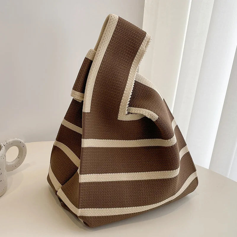 Women Handmade Knitted Small Handbag Casual Wrist Bag Wide Stripe Stripe Shopper Mini Tote Student Reusable Shoulder Bag